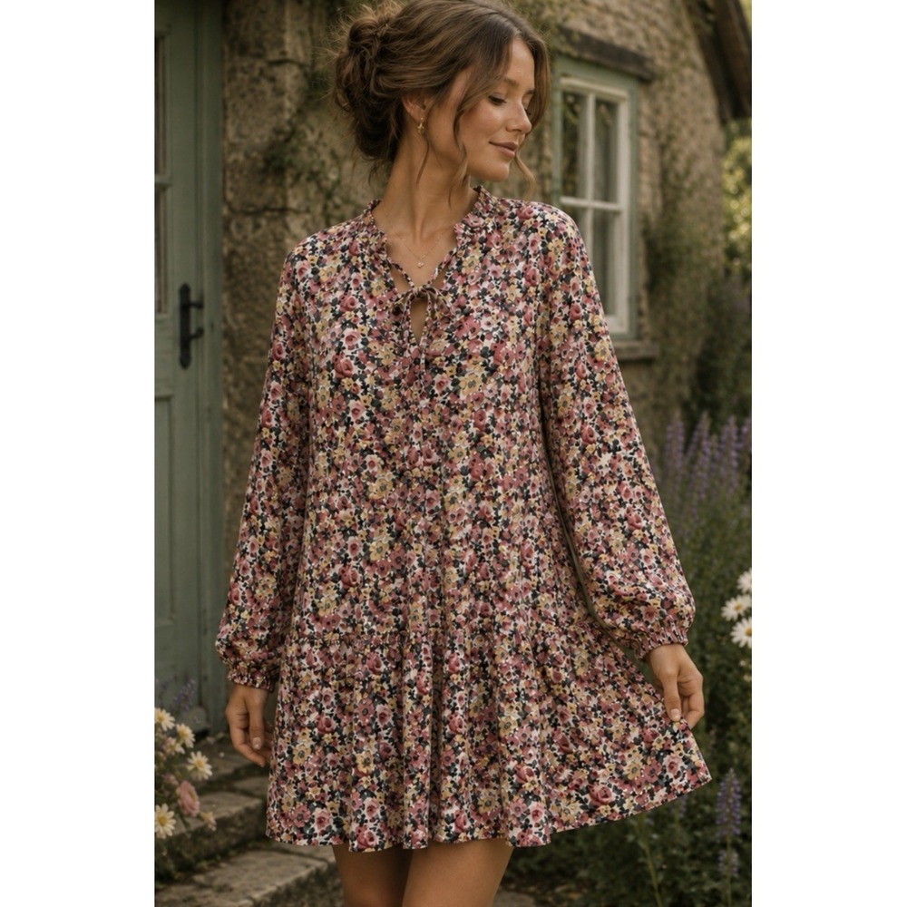 Kirundo Floral Tiered‎ Oversized Mini Dress Size S Cottage Bloomcore Feminine